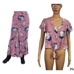 Love, Fire Pink Floral Print Tie Front Top Maxi Skirt Matching Set M